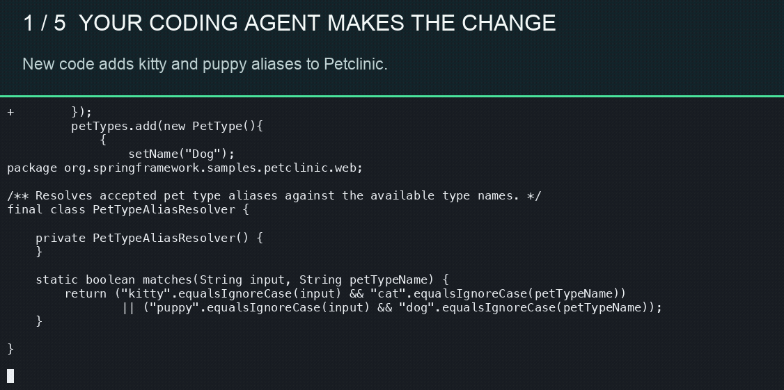 Captioned recording of a coding agent adding pet type aliases in Spring Petclinic, followed by Verify checking the baseline, asking about a missing target, testing the accepted change, and reporting good_to_go
